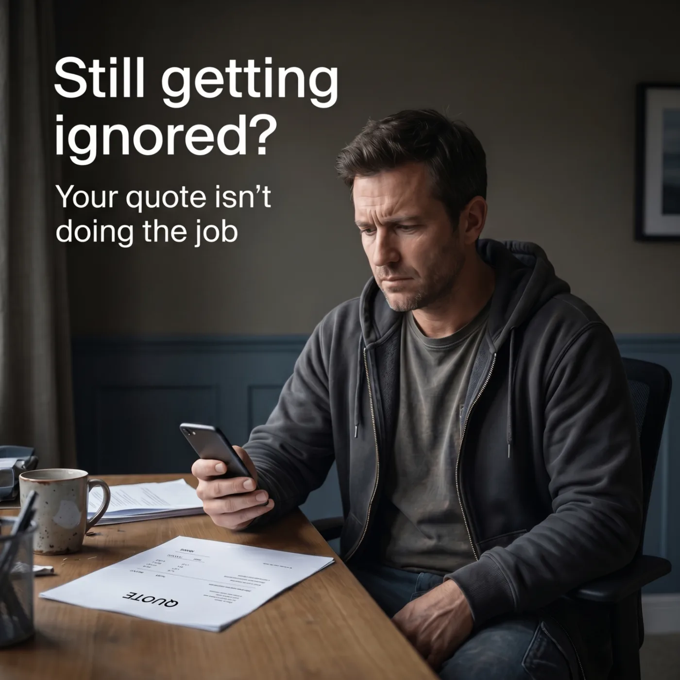 Frustrated contractor looking at phone after a quote went nowhere